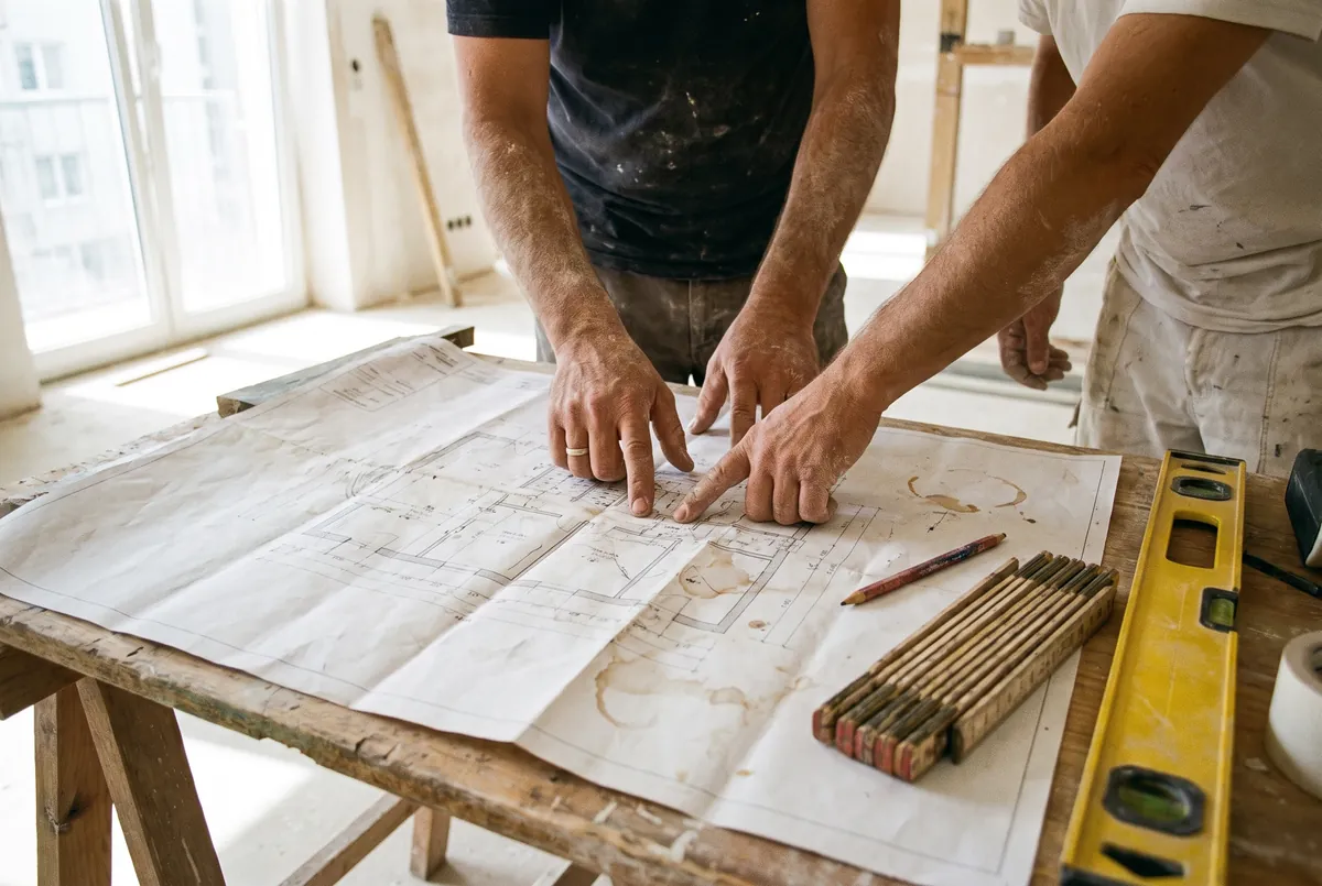 Deux artisans étudient ensemble le plan d'un chantier de rénovation